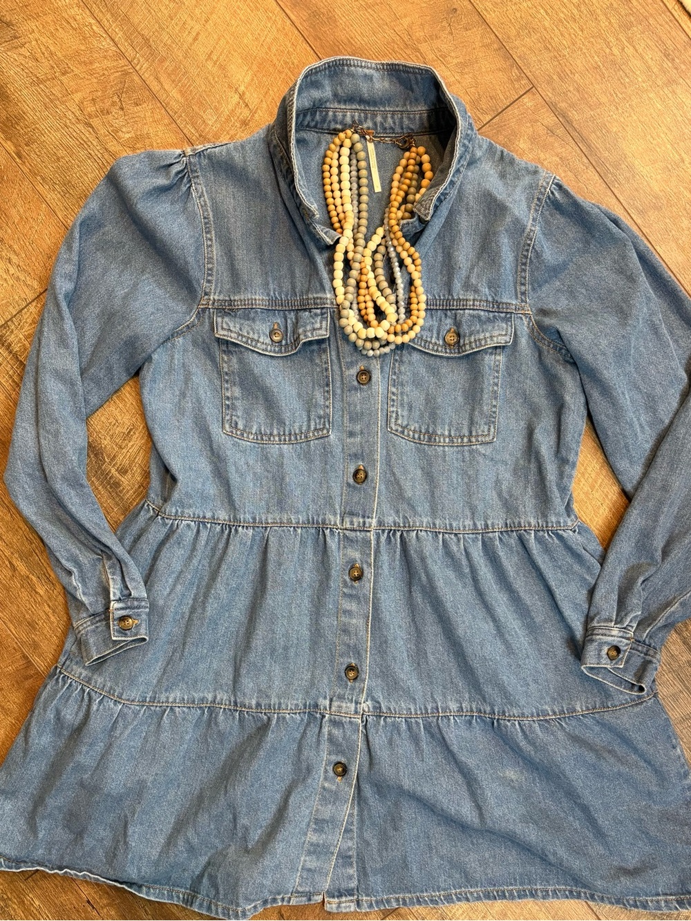 Free People Denim Tiered Mini Shirt Dress Tunic Large - Picture 8 of 8